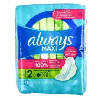 Always Maxi Pads Long Super W/Wings Size 2/18 Ct
