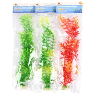 Fish Tank Plastic Grass W/Shells Asst 11.8-12.6 In