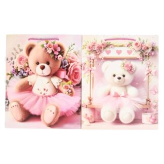 Gift Bag Floral Teddy Bear Pink Medium