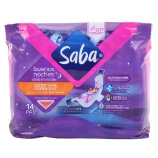 Saba Ultra Thin Pads Overnight W/Wings 14 Ct