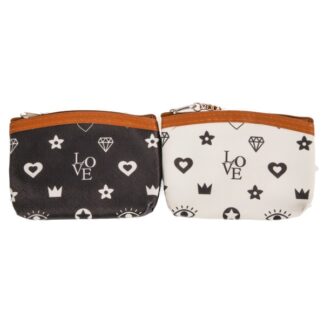 Coin Purse "Love" White/Brown Prints Asst