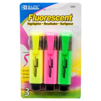 Bazic Highlighter Fluorescent W/Pocket Clip 3 Ct Asst Color