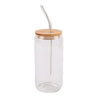 Glass Jar W/Bamboo Lid,Straw&Brush 3"Dx6-1/8"H