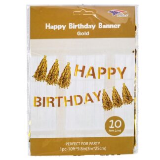 Happy Birthday Banner W/Tassle Gold 10 Ft