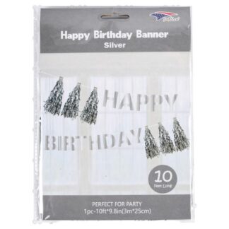 Happy Birthday Banner W/Tassle Silver 10 Ft