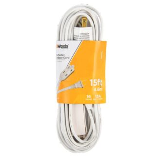 Extension Cord 3-Outlet White 15 Ft