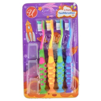 Kids Toothbrush With 3 Caps Asst 4 Pk