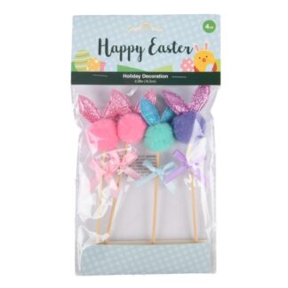 He Easter Pom Pom Bunny Pick 6.38" 4Pcs W/Glitter Ears & Bow