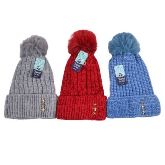 Hw Women Knitted Beanie W/ Fur Inside,Fur Pom-Pom Asst Color