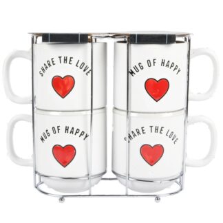 Ceramic Mug "Heart"  W/Metal Rack 18 Oz 4 Pc
