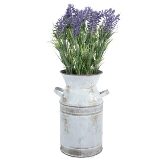 Metal Vase Pitcher W/Artif Lavender Flwr 4X14 In
