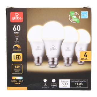 Globe Led Bulb Warm Light 60 Watt 4 Pk