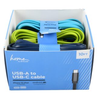 Usb-A To Type-C Flat Cable Asst Colors 10 Ft Disp