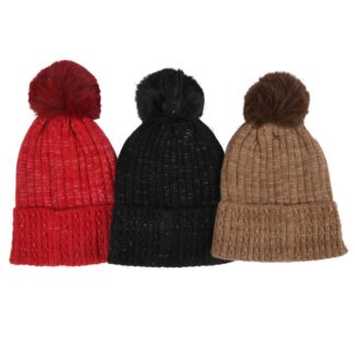 Hw Women'S Beanie Ribbed Knit W/Pom-Pom Asst Colors