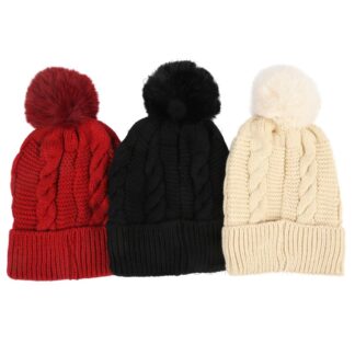 Hw Women'S Beanie Cable Knit W/Pom Pom Asst Colors