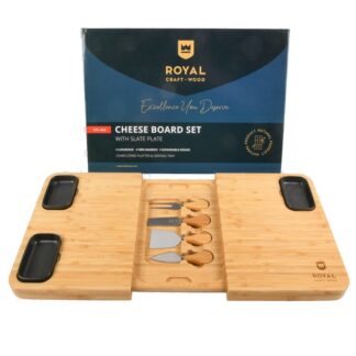 Bamboo Cheese Board 17" W/Slate Plate & 4 Pc Cutlery