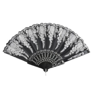 Folding Hand Fan Black W/Silver Glitter Print