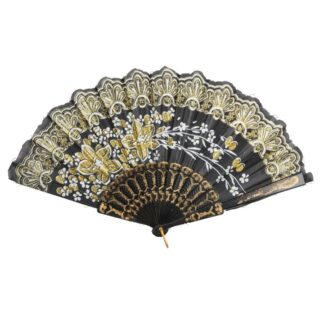 Folding Hand Fan Black W/Gold Glitter Print