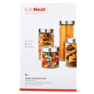 Glass Canister Set W/Stainless Steel Lids 4 Pc