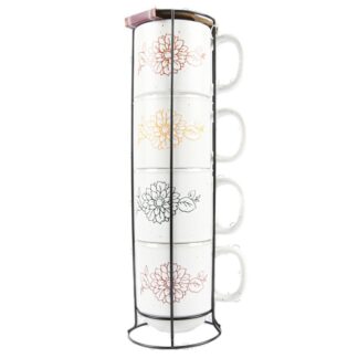 Ceramic Mug Tower Set Multi-Color Flower 4 Pc