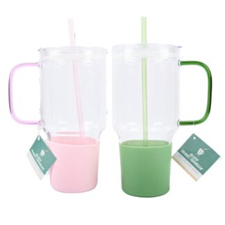 Glass Travel Tumbler W/Silicone Sleeve Asst Colors 33.8 Oz