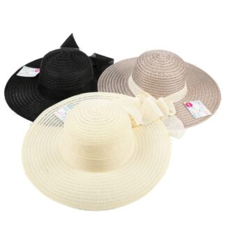 Women'S Straw Hat Wide Brim W/Bow Asst Colors