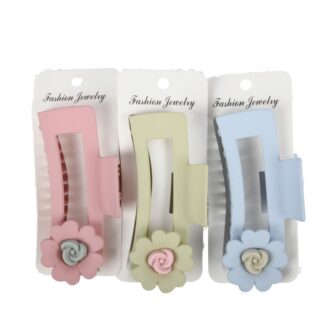Rect. Hair Claw Clip W/Flower Lg Asst Matte Colors