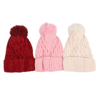 Hw Women'S Pompom Cable Knit Beanie Asst Colors