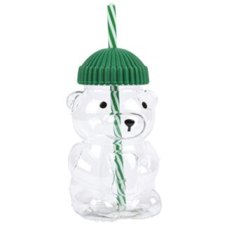 Plastic Shaped Bear Bottle W/Straw Green 350 Ml