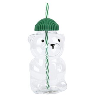 Plastic Shaped Bear Bottle W/Straw Green 700 Ml