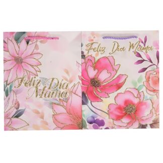 Hm Gift Bag "Feliz Dia Mama" Small Pink Flowers Gold Glitter