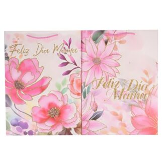 Hm Gift Bag "Feliz Dia Mama" Large Pink Flowers Gold Glitter