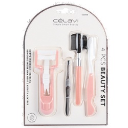 4Pc Beauty Set Eyelash Curler, Brow Groomer, Tweezer, Razor