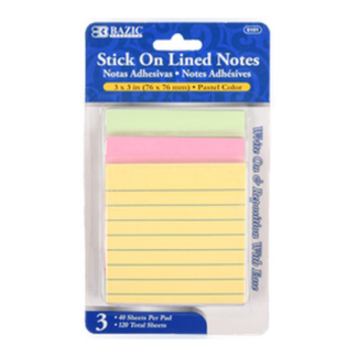 Bazic Note Stick On Lined 3Pk 3"X3" Asst Pastel Clr