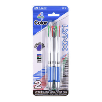 Bazic Pen Ballpoint Retractable 2Pc 4 Clr #1718