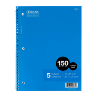 Bazic Notebook 150Ct 5-Subject College Rule
