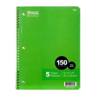 Bazic Notebook 150Ct 5-Subject Wide Rule
