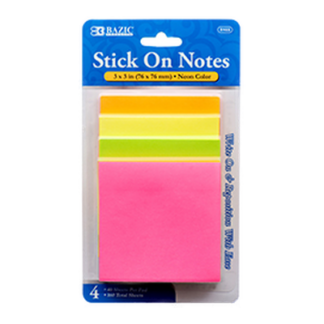 Bazic Stick On Note 40 Sheet 4 Pc 3 X 3" Assorted Color #5103